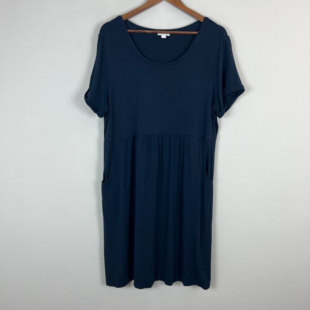 J Jill Dress Womens Large A-Line Pockets Navy Blue Short Sleeves Casual Comfort